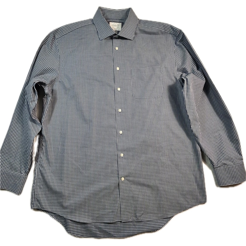 Charles Tyrwhitt Classic Fit Non-Iron Shirt 17.5 36 Navy Green MicroCheck Pocket